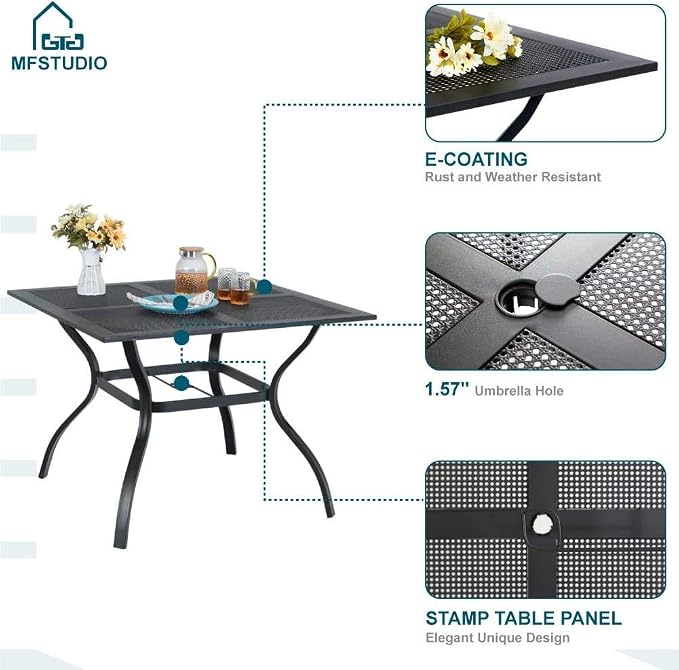 MFSTUDIO Patio Dining Set for 4, Outdoor Table and Chairs Set with Umbrella Hole, Metal Patio Furniture Set for Deck, Backyard, Poolside & Garden