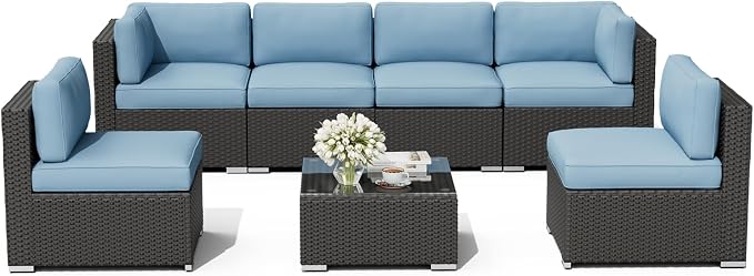 Oakcloud 7-Piece Outdoor Patio Furniture Black Rattan Wicker Sectional Sofa Conversation Set with Glass Top Table and Cushions (Haze Blue)