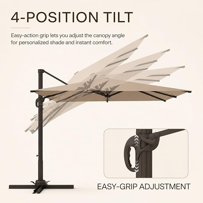 Kingdura 10x10 FT Cantilever Patio Umbrella with Base Included, Large Square Offset Outdoor Pool Umbrella, 360° Rotation & Infinite Tilt, Heavy Duty Aluminum Frame for Deck Backyard, Beige