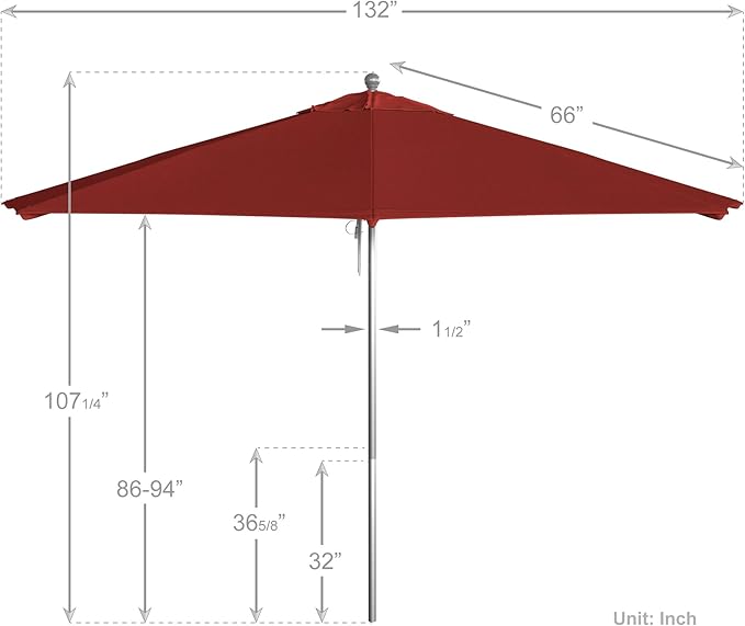 California Umbrella 11Ft Commercial Grade Sunbrella Fabric Market Umbrella, Pulley Lift, Aluminum/Fiberglass, 2mm pole wall, Silver Frame, Jockey Red Fabric