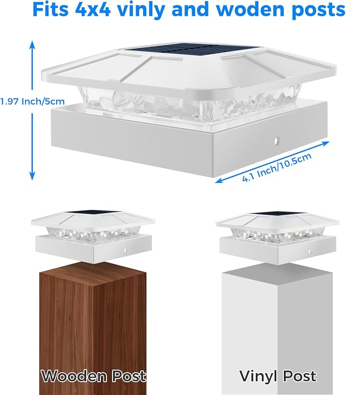 4x4IN Solar Post Cap Lights Outdoor with 3 Modes, 4 Packs White Fence Light Solar Powered Waterproof for Wood/Vinyl Posts for Deck Yard Garden Patio Outside