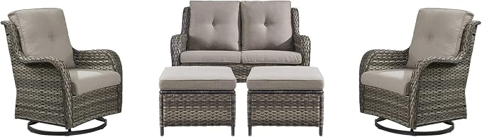 Rilyson 5 Piece Outdoor Patio Furniture Set - Rattan Wicker Patio Conversation Sets with 2 Swivel Rocker Chairs,2 Ottomans and 1 Loveseat for Outside Porch Deck Backyard(Mixed Grey/Grey)