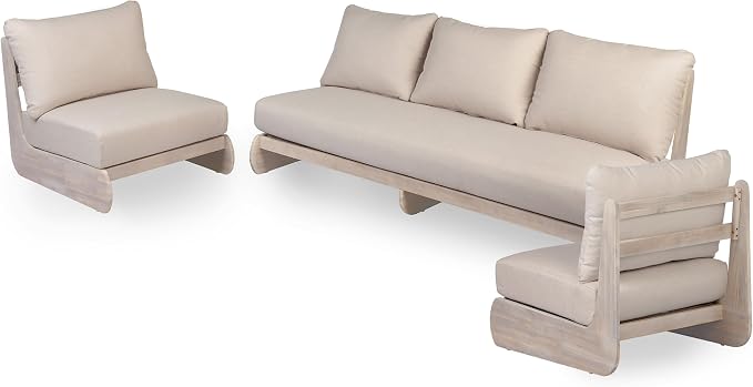 Christopher Knight Home Isabel 5-Seater Outdoor Patio Furniture Set with Cushions, Acacia Wood Patio Conversation Set with 3-Seater Sofa & Club Chairs, 3 Piece Sectional Sofa Set, Light White + Sand