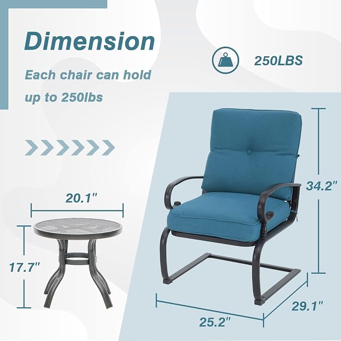 Oakcloud 8Pcs Metal Outdoor Furniture Patio Conversation Set (4 Spring Chairs, Loveseat, Bistro Table, 2 Coffee Tables) - Wrought Iron Patio Chair Set with Cushions (Blue)