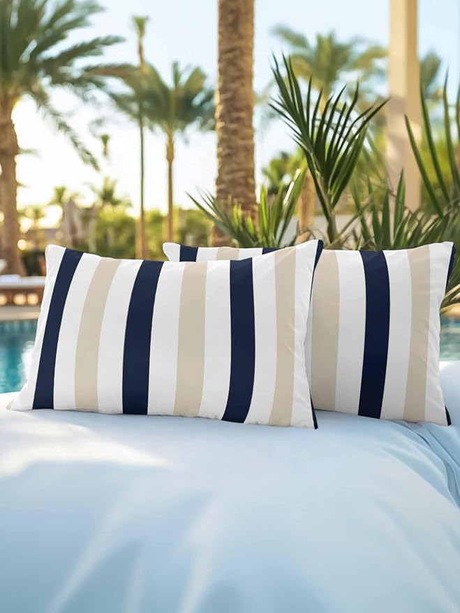 Outdoor Pillows Waterproof, Beige Navy Blue Striped Bedding Throw Pillows with Insert for Couch Sofa Bed, Farmhouse Stripe Art 12x20 Inch Pillowcases Decorative Camping Patio Pillow Set of 2