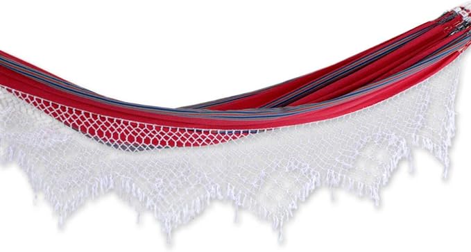 NOVICA Red Gray Striped Cotton Fabric 2 Person XL Brazilian Hammock with White Crochet Fringe, 'Scarlet Samba' (Double)