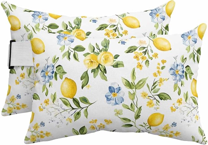 Chaise Lounge Head Pillows,Country Yellow Lemon Green Leaf Outdoor Waterproof Patio Throw Pillows Farmhouse Fruit Flower Plant Lumbar Pillow for Patio Beach Pool