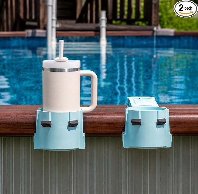 2-Pack Poolside Cup Holders for Square-Top Above Ground Pools, Adjustable Fit for Wide Edges, Non-Slip Silicone Grips, Fits Tumblers & Drink Bottles, Use on Deck, Boat & Patio, Aqua