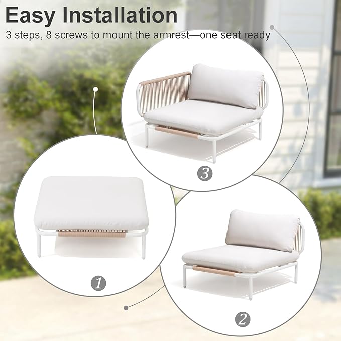 7 Piece Modern Outdoor Sectional Sofa, 31" Oversized Patio Furniture Set with Olefin Woven Rope, Weather-Resistant Metal Frame and Removable Cushion, Beige