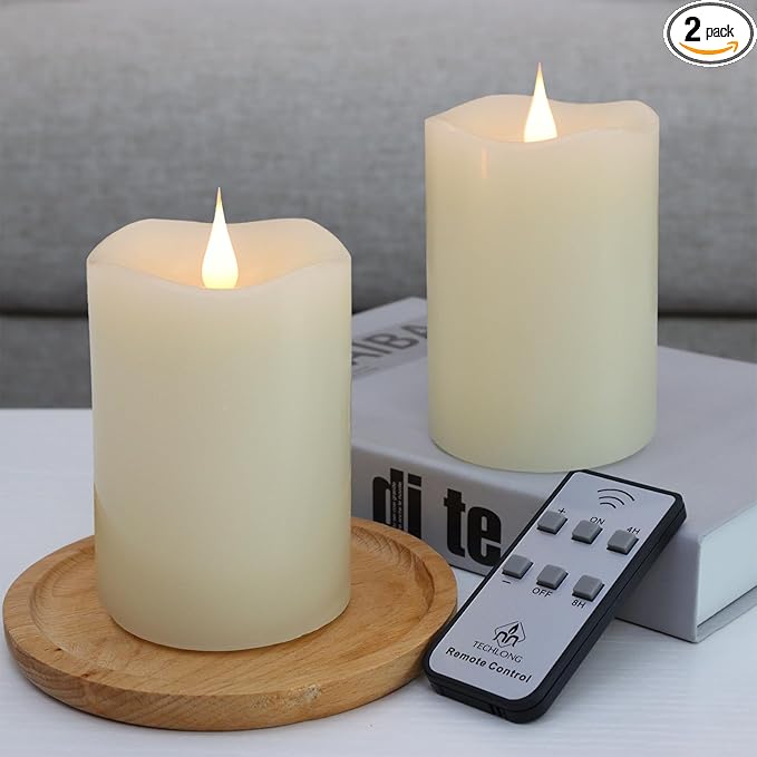 TECHLONG Flameless Candles Battery Operated with Remote Timer, 3D Moving Flame Flickering, Last 600+ Hours Battery Candles, 3" x 5" Ivory Real Wax Electric LED Candle for Wedding Party, Set of 2