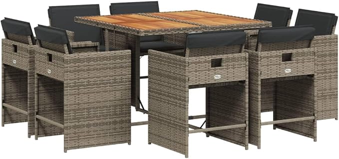 9 Piece Patio Dining Set with Cushions Gray Poly Rattan Outdoor Furniture Table Chairs Foldable Space Saving Backyard Garden
