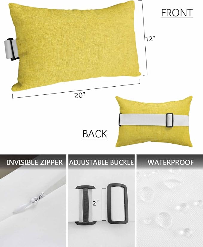 Outdoor Pillow for Chaise Lounge Chair Yellow Rustic Vintage Burlap Texture Outdoor Pillows Waterproof with Adjustable Strap Headrest Lumbar Pillows for Garden Patio Furniture 1 Pack 12" x 20"