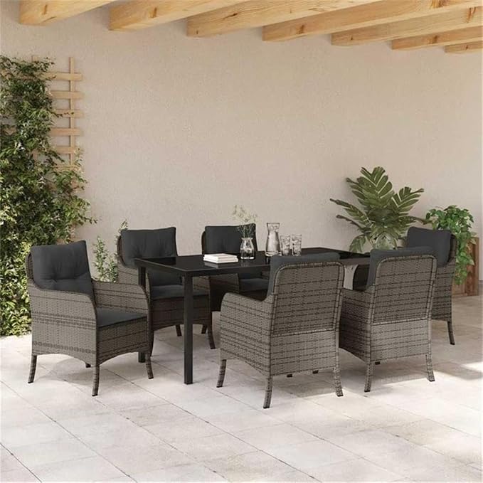 Afuera Living 7 Piece Poly Rattan Garden Dining Set, Gray Finish, UV-Resistant Powder-Coated Steel, Removable Cushions, Tempered Glass Tabletop, Modern Patio Furniture for Outdoor Dining and