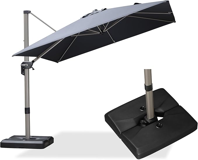 PURPLE LEAF Patio Umbrella with Base Included, 9ft Outdoor Aluminum Cantilever Umbrella with 360° Rotation, Aluminum Large Offset Umbrella for Outdoor Garden Pool, Grey