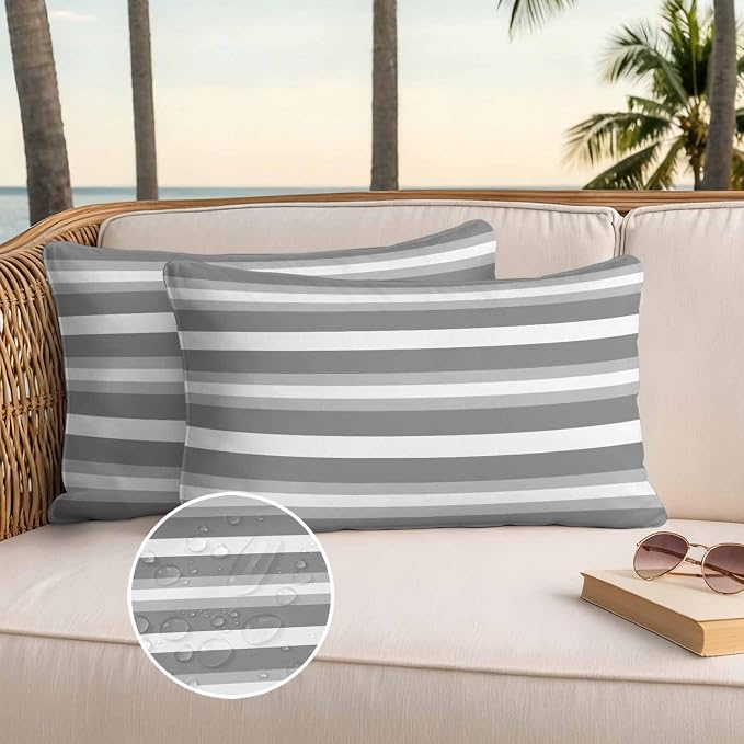Lumbar Pillow Covers 20x12 Inch Set of 2, Grey Stripe Waterproof Outdoor Pillow Covers, Minimalist Farmhouse Striped Decorative Cushion Pillowcases for Couch, Sofa, Bed, Garden, Patio