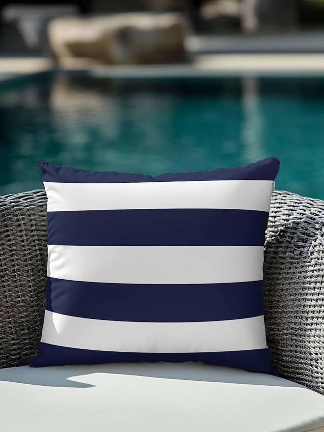 Waterproof Outdoor Pillow 1 Pack Navy Blue Stripe Decorative Throw Pillows Cover & Insert 16x16 Inch Pillowcase Simple Style White Striped Pillows for Couch Sofa Bed Patio Furniture Indoor Outdoor