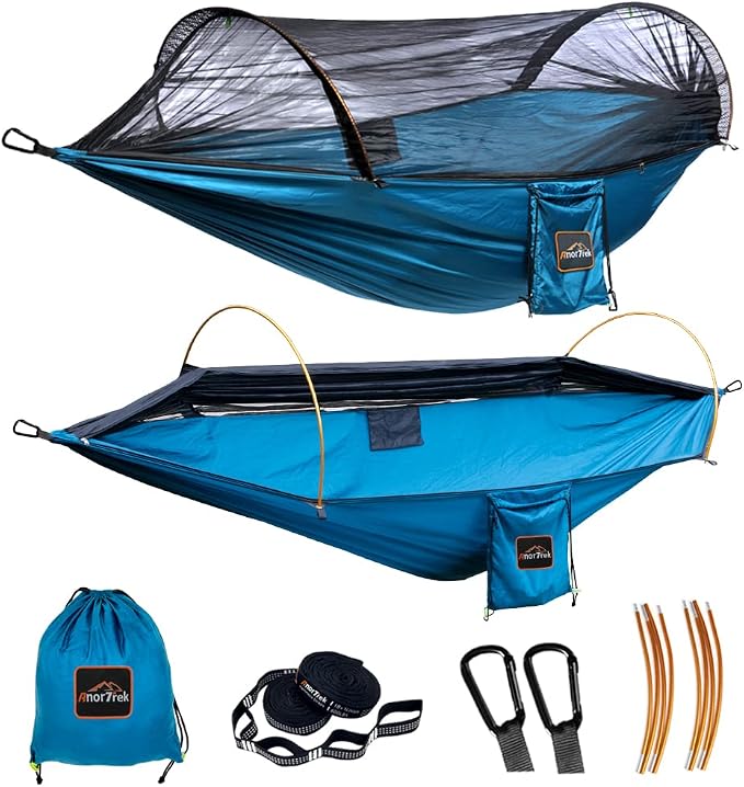 AnorTrek Professional Camping Hammocks with Mosquito Net, Lightweight Double for Camping, Hiking & Backpacking | Includes Two 10 FT Tree Straps, 230T Nylon Design