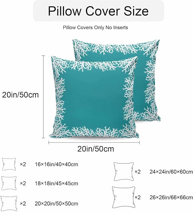 Vandarllin Outdoor Throw Pillows Covers 20x20 inch Set of 2 Waterproof Turquoise Coral Decorative Zippered Cushion Covers for Patio Furniture, Coastal Marine Life Lumbar Pillowcases
