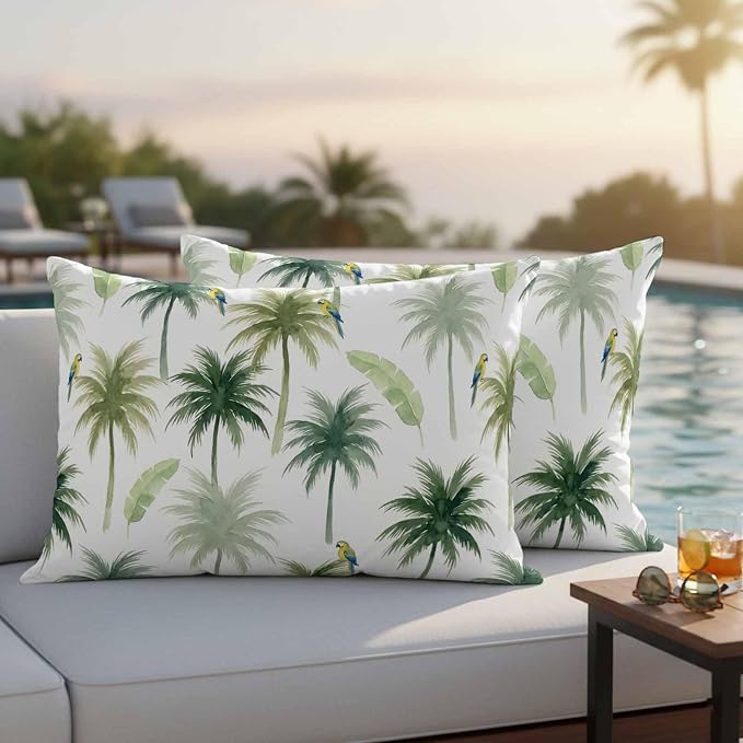 Yukro Summer Palm Tree Parrot Outdoor Waterproof Pillow Covers Pack of 2, Tropical Green Leaf Bird Throw Pillowcases Decorative Cushion Covers for Garden Patio Tent Sofa Couch, 20x12 inch