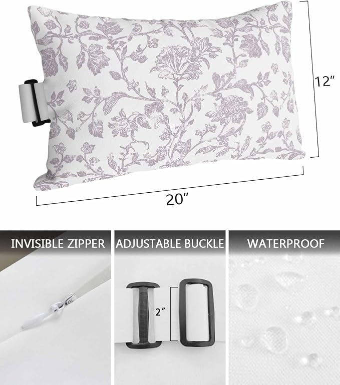 Pack of 4 Outdoor Lumbar Pillow Covers 12x20 Inch, Spring Flower Waterproof Throw Pillow Covers Set, Vintage Farmhouse Light Purple Boho Leaf Indoor&Outdoor Cushion Cases for Patio Porch Beach