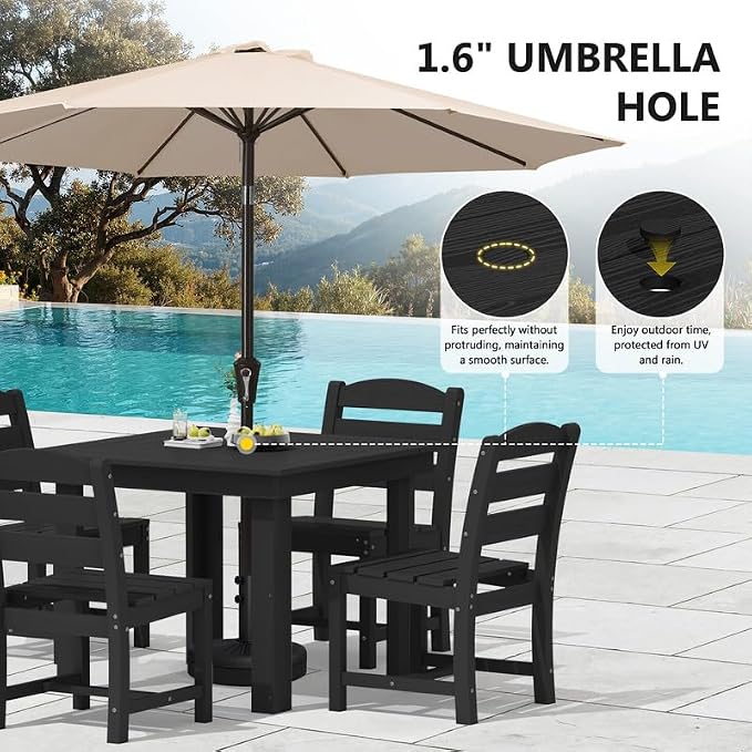 KINGYES HDPE Outdoor Dining Set for 4 with Umbrella, 6-Piece Square Patio Table & Armless Chairs, All-Weather for Backyard, Garden, Lawn & Poolside, Black