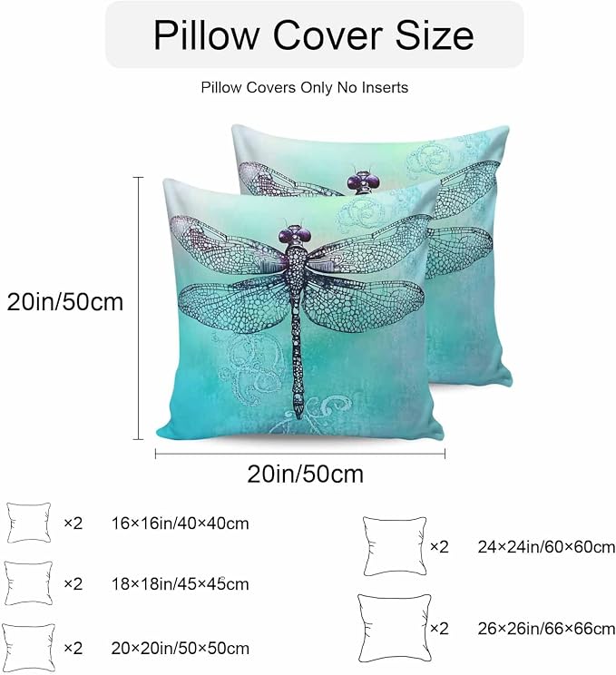 Vandarllin Outdoor Throw Pillows Covers 24x24 inch Set of 2 Waterproof Watercolors Dragonfly Decorative Zippered Cushion Covers for Patio Furniture, Teal Painting Lumbar Pillowcases