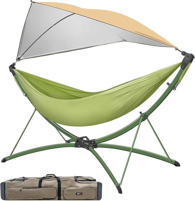 Quick-Fold Hammock with Stand for Outside, 60-Sec Setup 550lb Heavy-Duty Portable Folding Hammock with Adjustable Sunshade & Carry Bag for Camping Beach Garden Indoor Outdoor(Green)