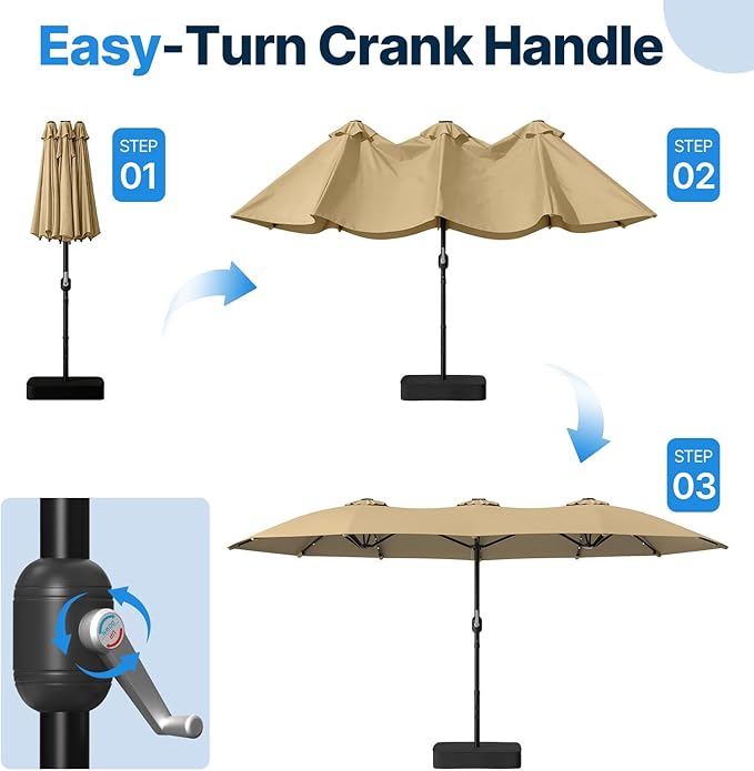 Suteck 15x9ft Patio Umbrella with Base & Solar Lights Included - Double-Sided Outdoor Large Umbrella with & Crank Handle, UV & Fade Resistant Canopy for Poolside, Backyard, Beige