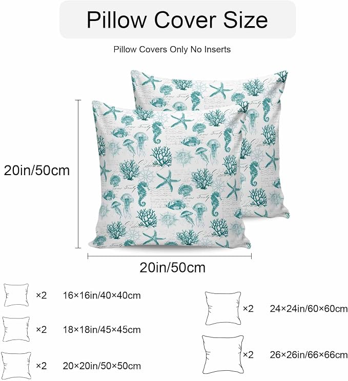 Turquoise Coastal Waterproof Outdoor Pillow Covers Set of 2 Home Decor, Nautical Starfish Jellyfish Rudder Pillowcase Patio Pillow Covers for Couch Bench Furniture Garden 24x24in