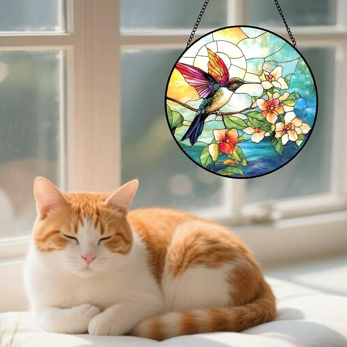 Stained Glass Window Hanging - Colorful Hummingbird Stand on Branches Covered in Flowers 6.3 Inches Suncatcher for Garden Home Decor for Women Mom Grandma Friends