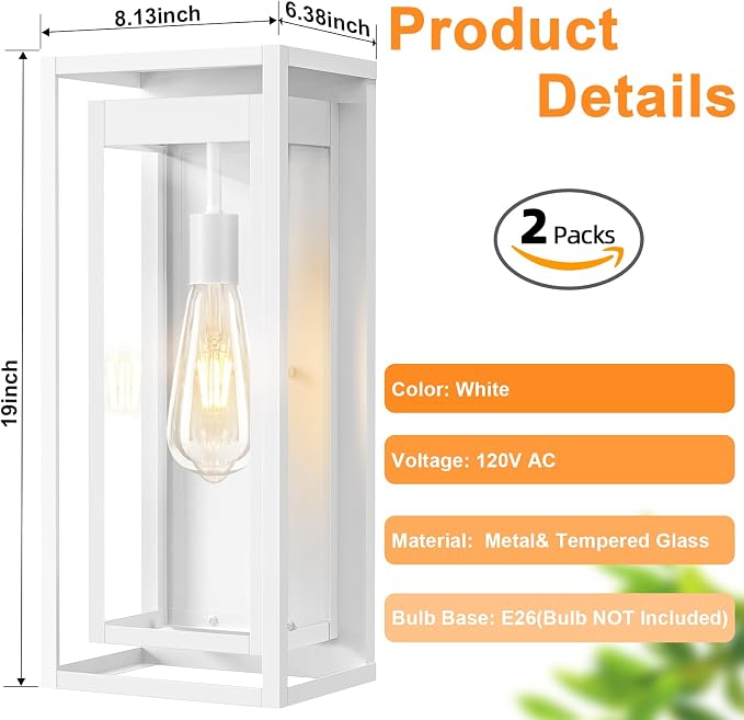 19" White Outdoor Light Fixture, 2 Pack Large Size Outdoor Sconce Lights with Clear Glass Shade, Waterproof Porch Lighting Exterior Light Fixture for Front Door, Garage