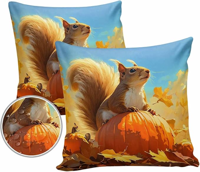 Outdoor Waterproof Throw Pillow Covers 24x24in, Fall Autumn Harvest Squirrels Cushions for Garden Patio Furniture Chairs Set of 2, Pumpkins Maple Leaves Home Decor Couch Sofa Polyester Pillow Cases