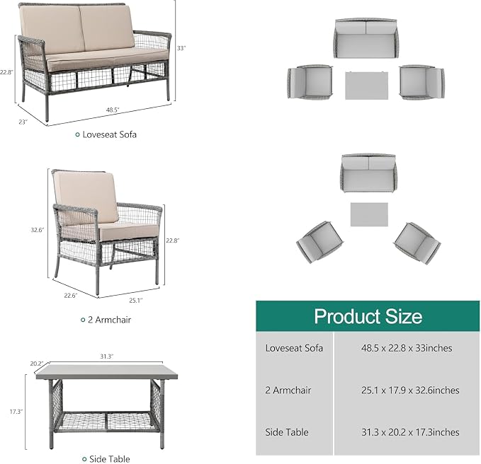 DECMICO 4 Pieces Outdoor Patio Furniture Set, Wicker Rattan Chairs & Loveseat Couch with Side Table and Cushions, All-Weather Patio Seating Set for Backyard, Deck, Porch (Beige)