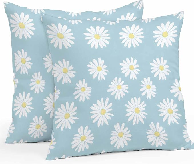 Throw Pillow Covers 16x16 Inch Set of 2, White Teal Daisy Waterproof Outdoor Pillow Covers, Spring Summer Floral Farmhouse Decorative Cushion Pillowcases for Couch, Sofa, Bed, Garden, Patio