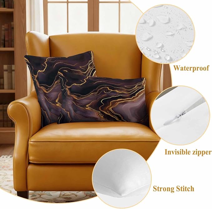 Abstract Marble Texture Outdoor Waterproof Throw Pillow Covers Set of 2, 26"x26", Purple Gold Waves Art Decorative Pillow Covers Outside Cushion Case for Patio Porch Garden