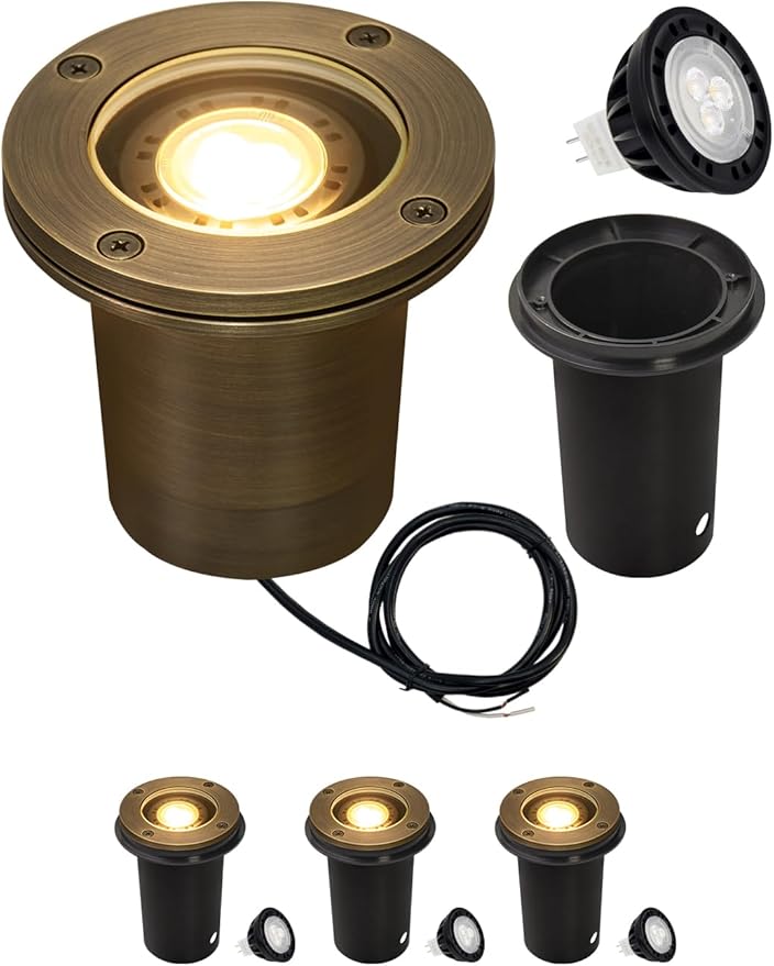 MALORY Brass Landscape Well Lights,(φ99 mm) 12V Low Voltage Outdoor In Ground Lights,Landscape Lighting for Pathway, Driveway and Garden (Full Brass -01A, 4-Pack with Bulb)