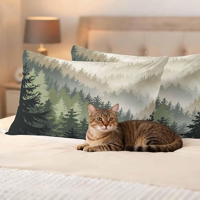 Mountains Outdoor Pillow Covers Waterproof, All Weather Cushion Case Set of 2, Watercolor Forest Nature Pine Trees Landscape Lumbar Pillowcase for Sofa Couch Bed Decor Patio Furniture 20"x12"
