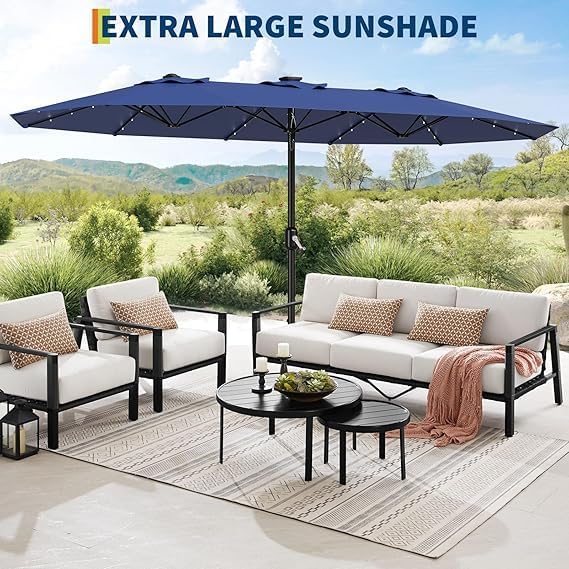 TrailBlaze 15FT Patio Umbrella With Base and Solar Lights, Outdoor Large Patio Double-Sided Market Umbrella With Crank Handle, UV Protection, for Lawn Deck Backyard Pool