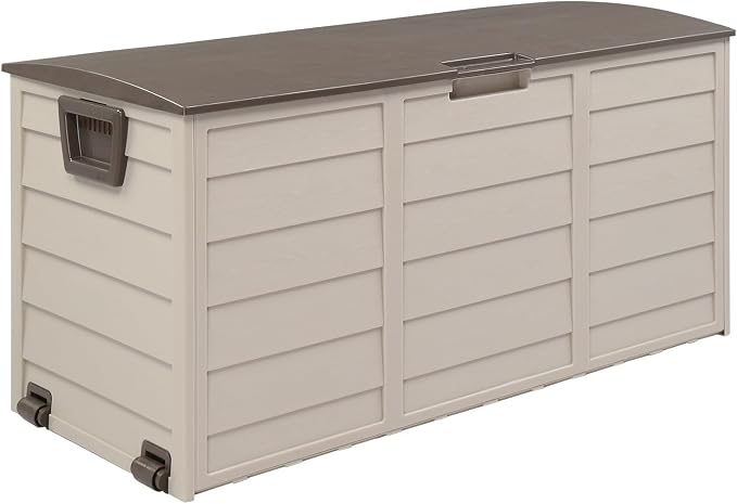 75 Gallon Waterproof Outdoor Deck Box with Wheels, Lockable Resin Patio Storage Container for Cushions, Garden Tools, Pool Accessories and Outdoor Supplies, Brown