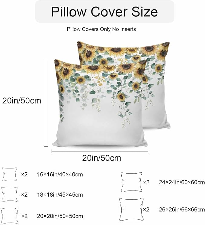 Vandarllin Outdoor Throw Pillows Covers 16x16 inch Set of 2 Waterproof Green Eucalyptus Leaves Decorative Zippered Cushion Covers for Patio Furniture, Watercolor Sunflower Lumbar Pillowcases