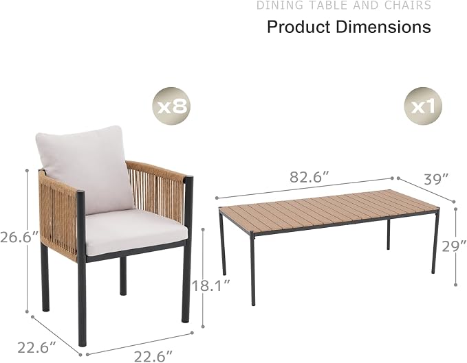 SUNSITT 9 Piece Outdoor Patio Dining Set, Patio Dining Furniture Set with 82.6” Metal Dining Table w/WPC Tabletop and 8 Patio Woven Rattan Chairs w/Curved Armrest for Garden, Beige
