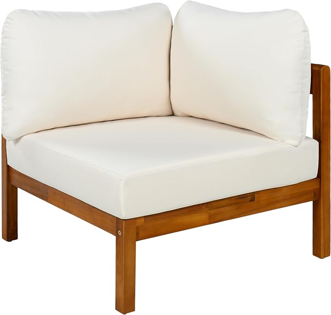 Acacia Wood L-shaped Outdoor Corner Sofa, Patio Conversation Furniture Set With 6 Soft Seat Cushions and Backpack , All Weather Outdoor Patio Sofa with Arc frame for Backyard, Garden (White-3.20)