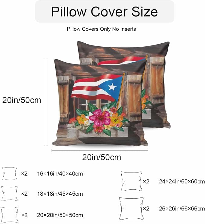 Puerto Rico Flag Outdoor Pillow Covers 18x18 Inch Throw Pillow Covers Set of 2 Waterproof Decorative Pillow Cases Farmhouse Retro Flowers American Flags Cushion Covers for Patio Furniture Garden Couch
