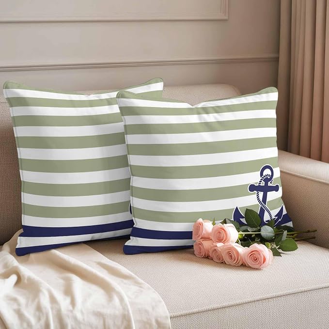 Throw Pillow Covers 26x26 Inch Set of 2, Striped Anchor Waterproof Outdoor Cushion Covers, Navy Blue Nautical Sage Green Geometric Decorative Pillowcases for Couch, Sofa, Bed, Garden, Patio