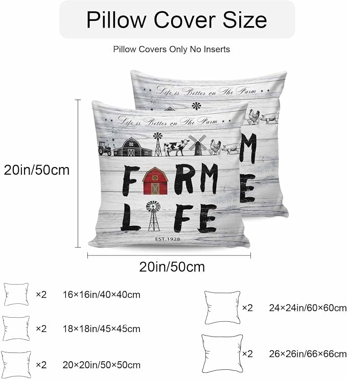 Outdoor Throw Pillows Covers 24x24 inch Set of 2 Waterproof Farm Life Decorative Zippered Cushion Covers for Patio Furniture, Farmhouse Barn Windmill Cow Chicken Tractor Wood Lumbar Pillowcases