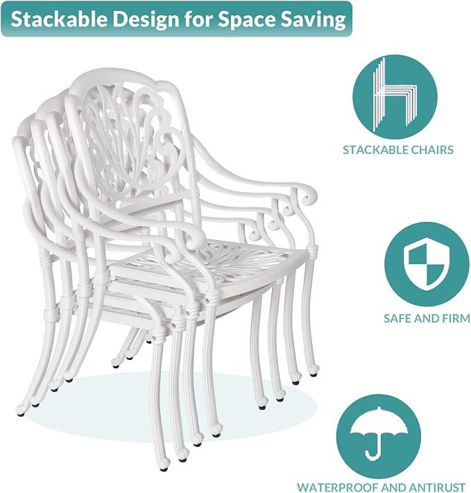 MEETWARM 9-Piece Outdoor Patio Dining Set, All-Weather Cast Aluminum Patio Conversation Set for Backyard Garden Deck with 1 Oval Table, 8 Outdoor Dining Cushioned Chairs, 2" Umbrella Hole, White