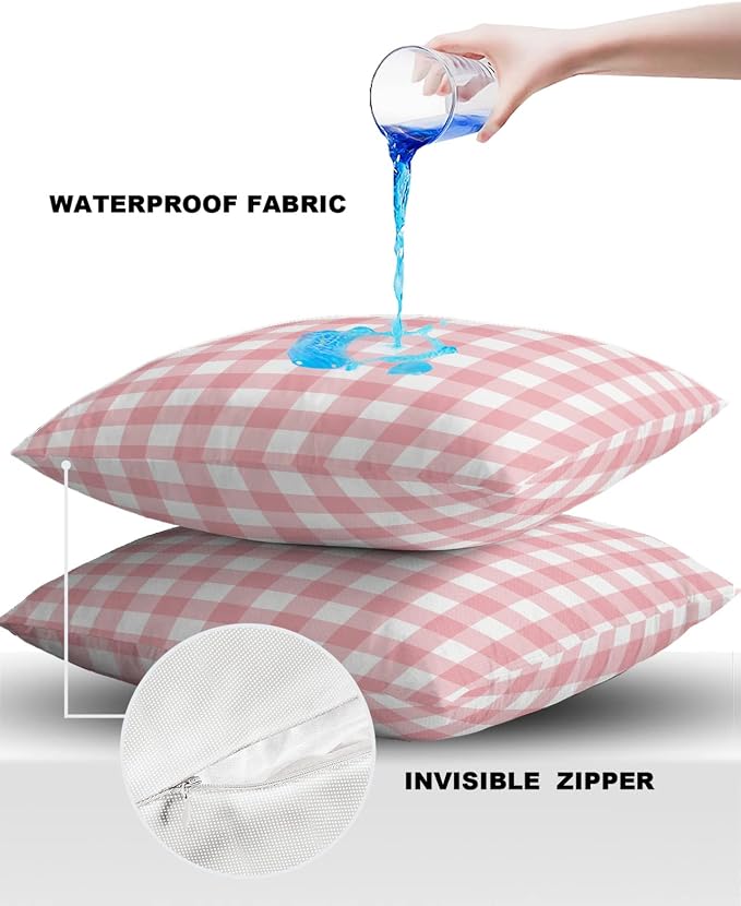 Outdoor Waterproof Throw Pillow Covers Set of 2 Romantic Love Pillowcases 16x16 Inches Pink Buffalo Check Plaid Patio Decorative Pillows Cushion Case Patio Pillows for Couch Bed Chair Garden