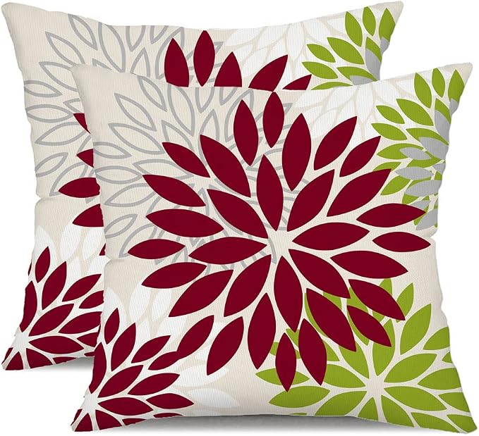DFXSZ Outdoor Waterproof Pillow Covers 18x18 Set of 2 Wine Red Green Flower | Spring Summer Waterproof Flower Throw Pillowcases（No Inserts）Outdoor Decor for Patio Funiture Garden Polyester Covers