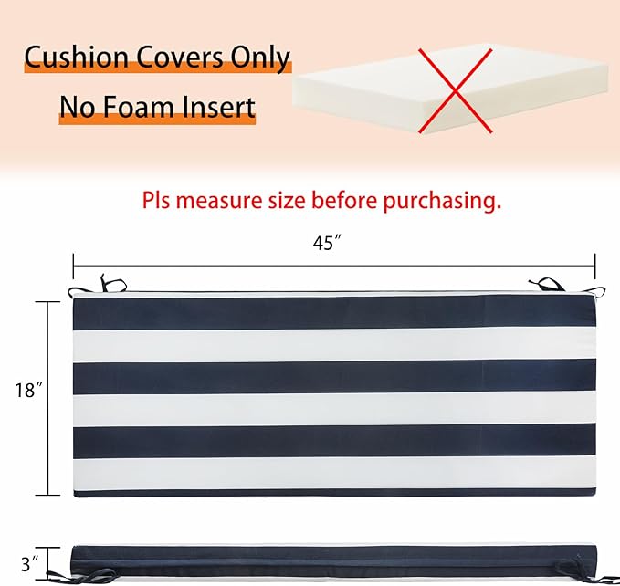 Magpie Fabrics Patio Bench Cushion Cover 45x18x3 Inch, NO Insert! Water&Fade Resistant Outdoor Loveseat Replacement Cover with Zipper (Navy White)
