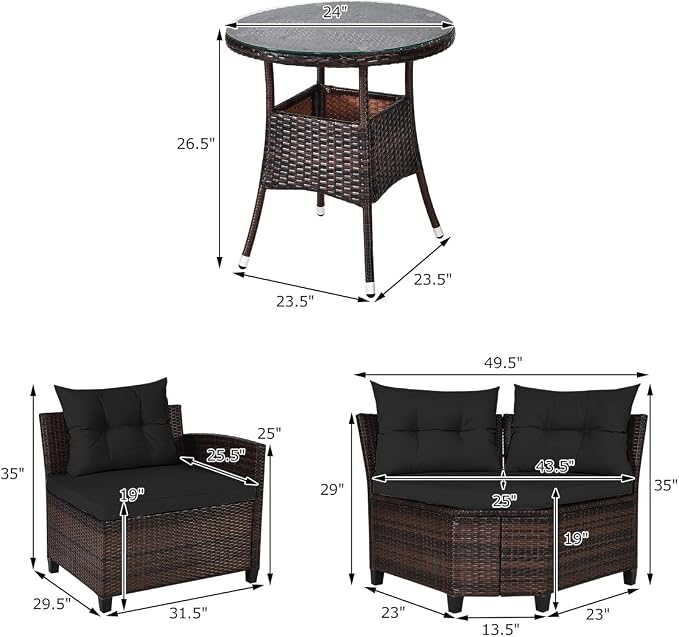 COSTWAY 4-Piece Patio Furniture Set, Wicker Rattan Sofa with Cushions and Coffee Table, Outdoor Sectional Conversation Sofa Set for Poolside Backyard Lawn Backyard (Black)